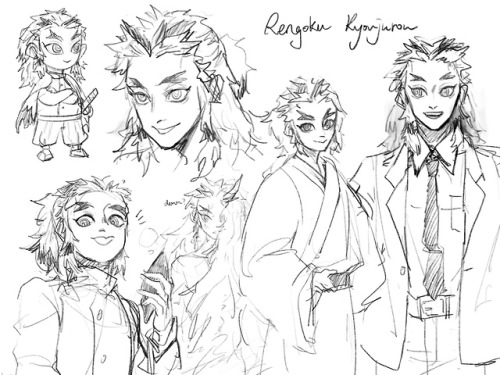 Some doodles of Rengoku-san (with modern time au, demon headcanon etc) excuse my bad handwriting