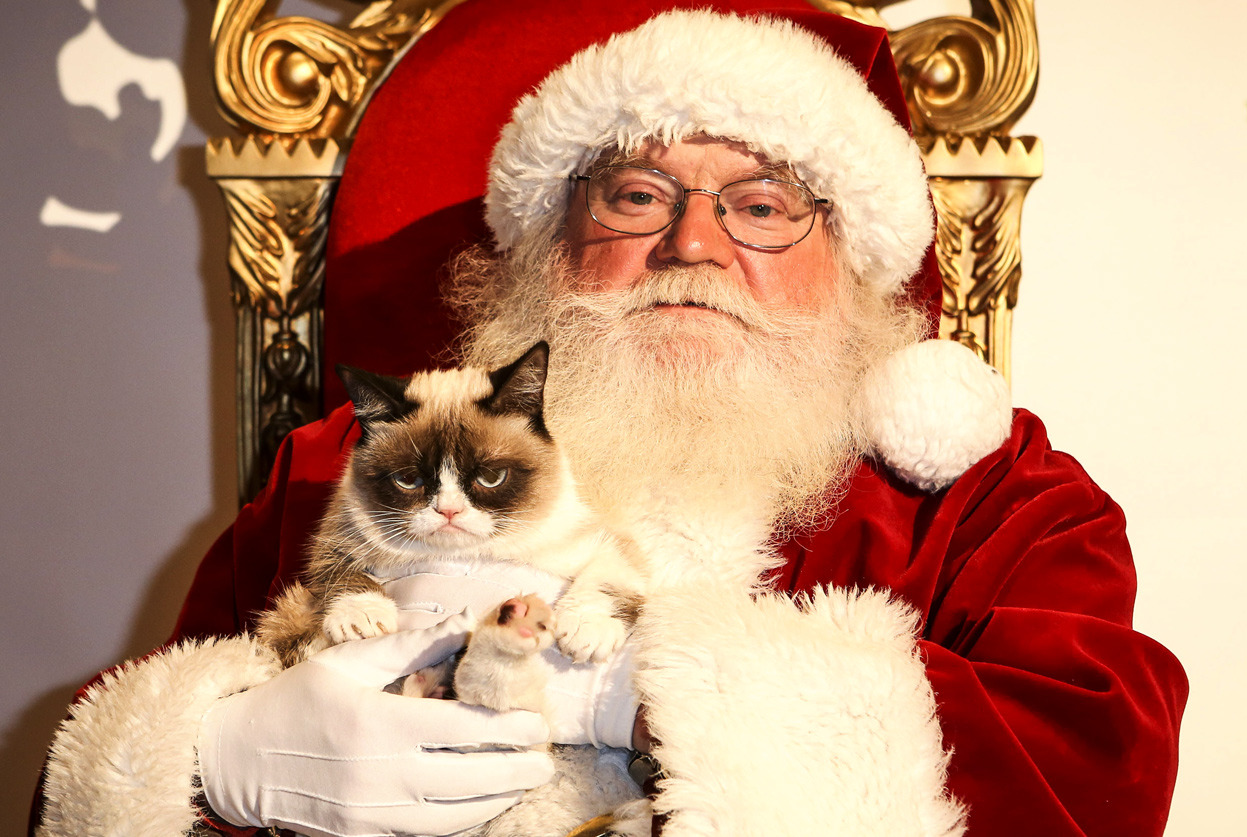 From ‘Tis the Season, one of 28 photos. Here, Grumpy Cat, acting as Friskies “spokescat”, sits on Santa’s lap at a promotional event at Capitol Records in Los Angeles, California, on December 10, 2013. (Bret Hartman/AP Images for Friskies)