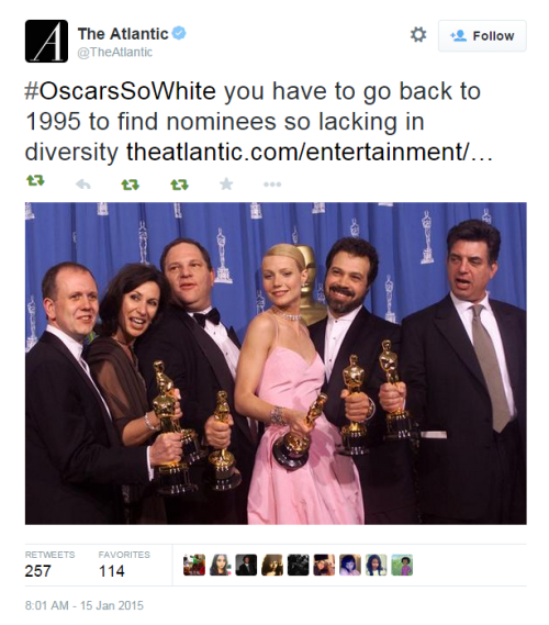 geejayeff: The #OscarsSoWhite tag is going in!