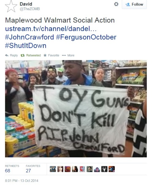 goddesscru:  iwriteaboutfeminism:  In solidarity with John Crawford, Ferguson protesters rally inside and outside of a Wal-Mart. Part One Monday, October 13th  Awesome! Way to take action. 