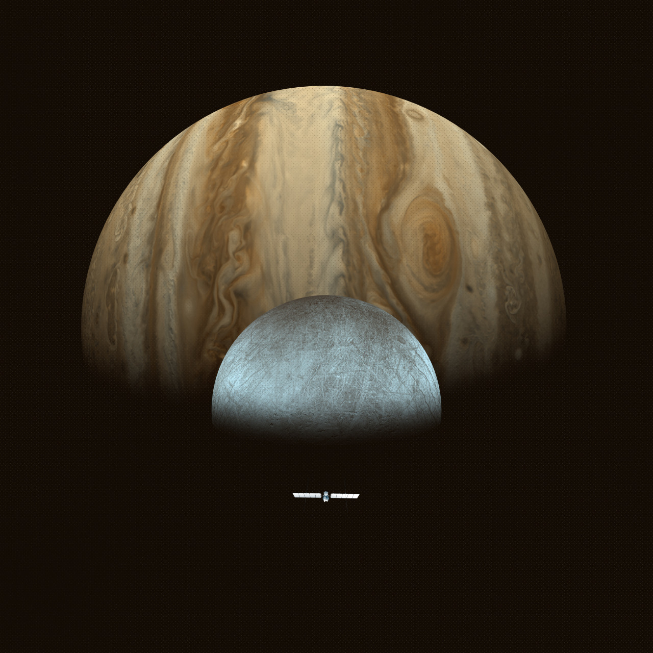 Jüpiter gezegenini, çatlak, buzlu yüzeyiyle uydusu Europa'yı ve Europa Clipper uzay aracını uzayın karanlık arka planına karşı sıralanmış şekilde gösteren bir illüstrasyon. Resim kaynak: NASA/JPL-Caltech