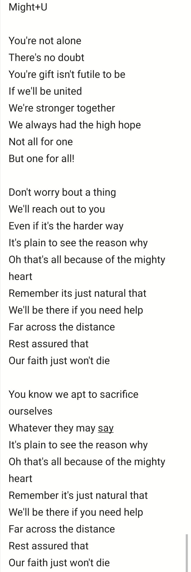 Hey Guys, These Are Just The Lyrics From The Heroes:Rising Soundtrack, Might+U. These Are Probably The