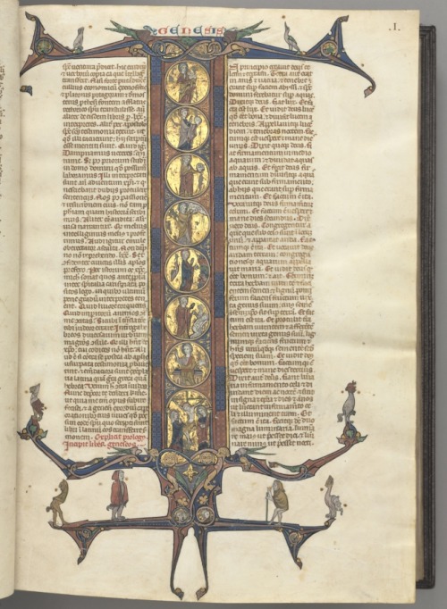 cma-medieval-art: Fol. 1r, Genesis, with a full-length historiated initial I, showing the Creation a