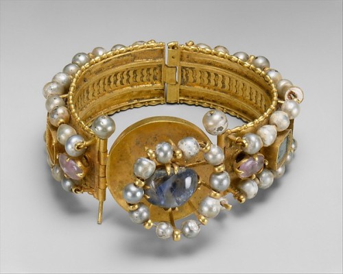 Pair of jewelled bracelets Gold with silver, pearls, amethyst, sapphire, glass, and quartz Byzantine
