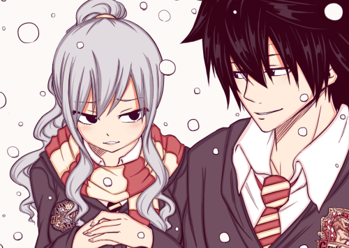 unisonraidd:Hogwarts au in which Gray is Gryffindor and Juvia Hufflepuff,shes cold so he gives her h