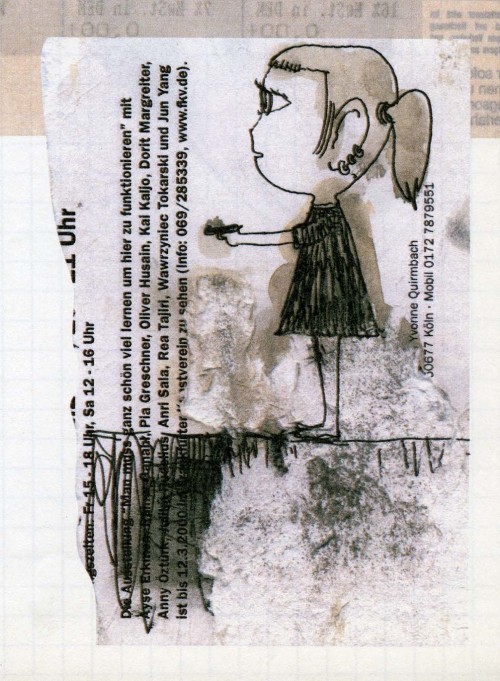 disease:YOSHITOMO NARA 奈良 美智UNTITLED (GIRL WITH GUN)“TIME OF MY LIFE” | ‘92–‘00pen and ink and wash 
