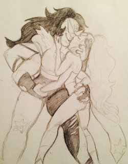 miyudraws:  Some paradox-lesbians for an anon. Sugilite and Opal from Steven universe. Sorry they’re so rough looking, the first time I draw a character they always kinda look choppy. (Or is that just how I draw?  I can’t tell)  Anyway I tried to