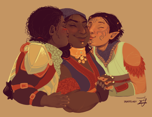 kosmonauttihai:  My ot3 tag was in need of a version of this pose with Isabela in the middle. Isabela’s outfit is adapted from her concept art, and Merrill’s from this mod in progress (and on that note, special thanks to this lovely merribela romance