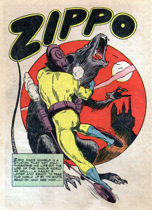 vintagegeekculture: Zippo, a 1940s superhero who’s power was motorized roller skates that let 