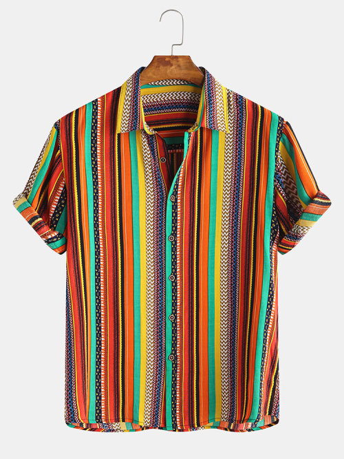 colorfultimetravelbeard: Cool Rainbow Striped Patch Pocket Casual Short Sleeve Shirts Check out HERE