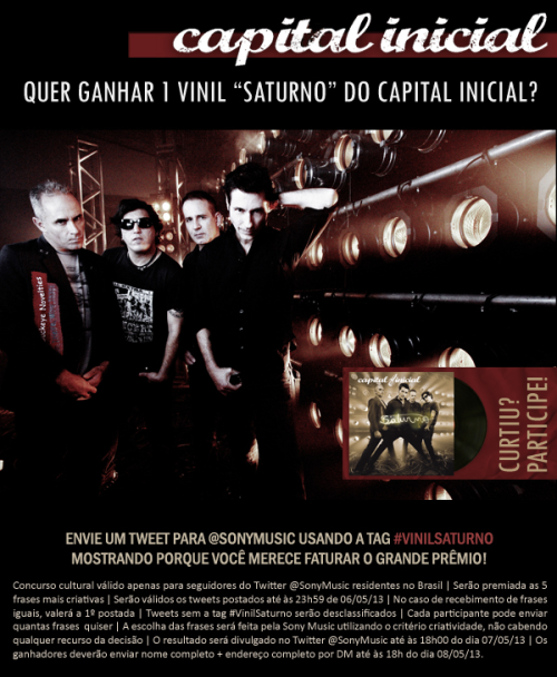 Estreou ontem nas rádios o novo single do Capital Inicial, “Sol Entre Nuvens”! Você já ouviu? A música faz parte do álbum mais recente da banda, “Saturno."
Que tal ganhar uma edição em vinil do álbum? Envie um tweet com a tag #VinilSaturno para...