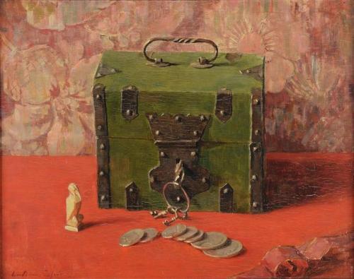 Still life with money box    -    Lucie van Dam van Isselt Dutch,1871-1949Oil on panel,  31 x 39,5 c