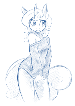 ambris:  Warm up Sketch with an older Sweetie Belle in a sweater (and not much else) Really need to work on my leg anatomy one of these days  &lt;3