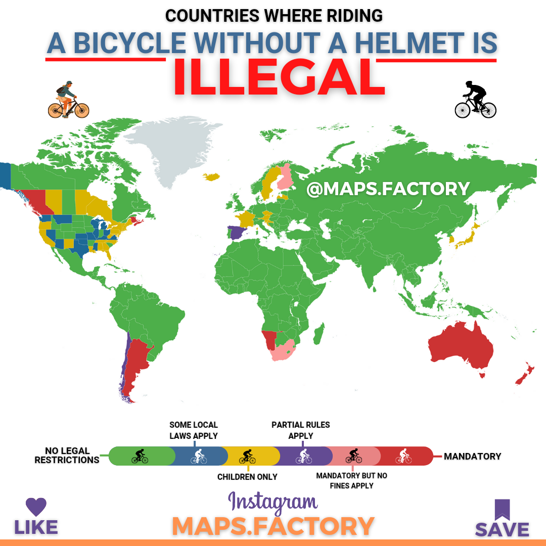 Countries where riding a bicycle without a helmet is illegal.
by maps.factory