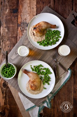 guardians-of-the-food:  Roasted Beer Brined Chicken Legs Over Grilled Corn Puree and English Pea Herb Salad