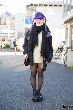 tokyo-fashion:18-year-old Kaya on the street in Harajuku with a vivid purple braids hairstyle, a vintage cable knit sweater, a jacket from Punk Cake, and and Tokyo Bopper platforms. Full Look