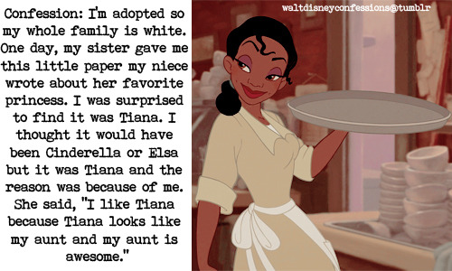 waltdisneyconfessions:“Confession: I’m adopted so my whole family is white. One day, my sister gave me this little paper my niece wrote about her faveorite princess. I was surprised to find it was Tiana. I thought it would have been Cinderella or