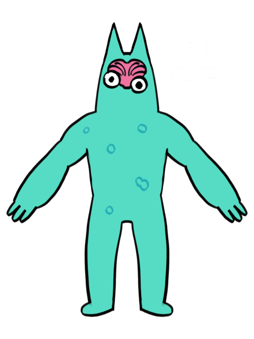 a silhouette of banban with cytoplasm, floating eyeballs, and a brain inside