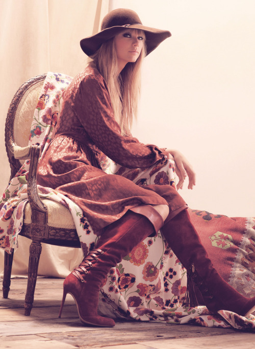 Taylor Swift wearing brown lace up boots and floppy hat in Marie Claire UK Dress by Gucci - Resort 2