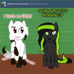 asktheconsoleponies:  askpawprints:  ((Pawprints is a button masher apparently, and  I love all these guys, Xbox is just the console I have in my room so I went with that one.))  Xbox: No, there gotta be a way! Mod: Thanks so much for drawing xbox! this