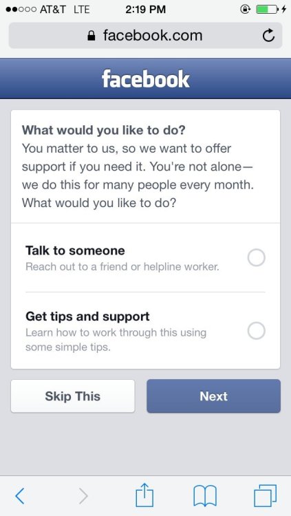 thatonepersonthing:huffingtonpost:Facebook Adds New Feature For Suicide PreventionStarting on Wednesday, Facebook is rolling out a new feature for suicide prevention.JESUS CHRIST THIS IS PRETTY AMAZING