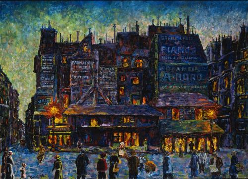 poboh:  Paris, a Busy Street at Night, 1896, Maximilien Luce. French (1858 - 1941) - Oil on Canvas -