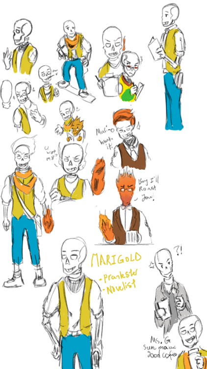 Here’s a Marigold concept dump for Mod. &gt;:)Prankster, Novelist/Writer and trainee Bartender. Mar