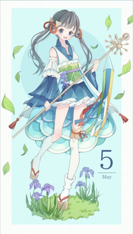 Months gijinka by Shiraho, each full of monthly symbols :April - spring season: sakura, butterfly an