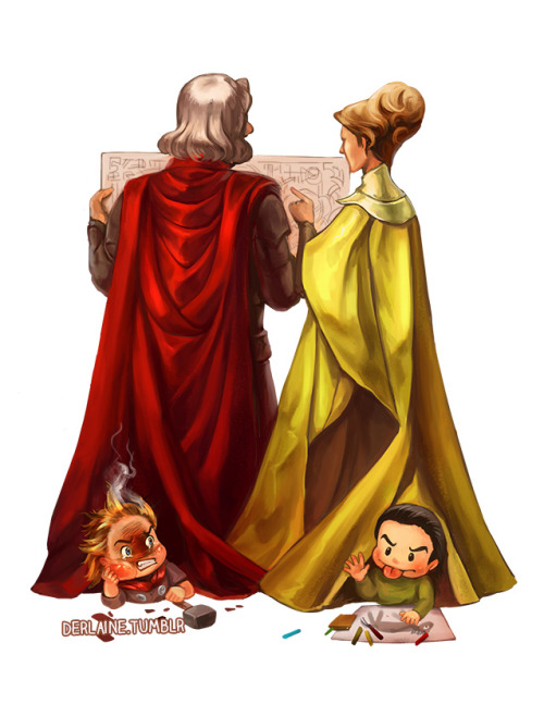 derlaine:Odin and Frigga doing some srs business Loki and Thor being little shits Just another day