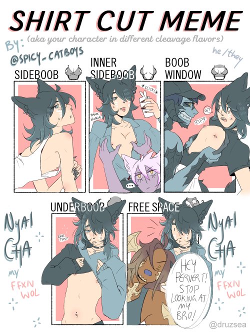 Sorry it’s a little spicy but I did the Shirt Cut Meme for my ffxiv wol Nyai Cha ! except Nyai doesn