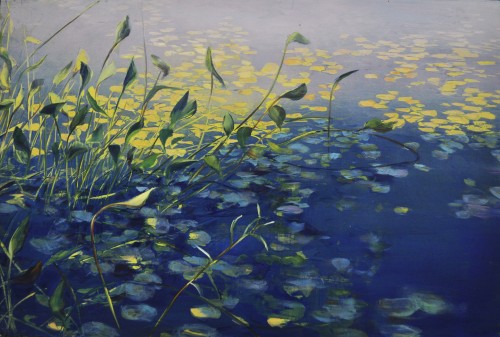 Pond Shadows  -   David Allen DunlopAmerican, b.  1951 -Oil on laminated aluminum,  24 x 36 in.