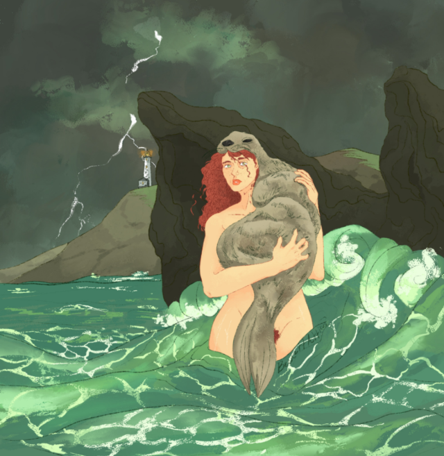 Art of a nude figure standing hip-deep in the blue-green ocean surf. She has curly red hair, pale skin, and a seal coat is clutched in her arms and draped over her head. The sky is stormy, and in the distance a lighthouse glows on a hilltop, lightning striking behind it.