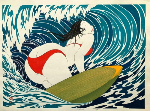 Yoshio Okada, Surfer Girl, c.1974color woodblock print on paper