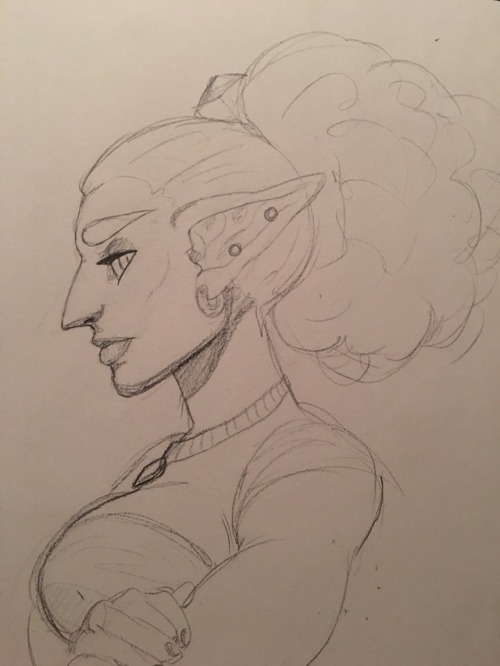 soullesshusk: My tablet is broken so here’s a pencil sketch I did of a gerudo lady.   She’s gay for Zoras. 