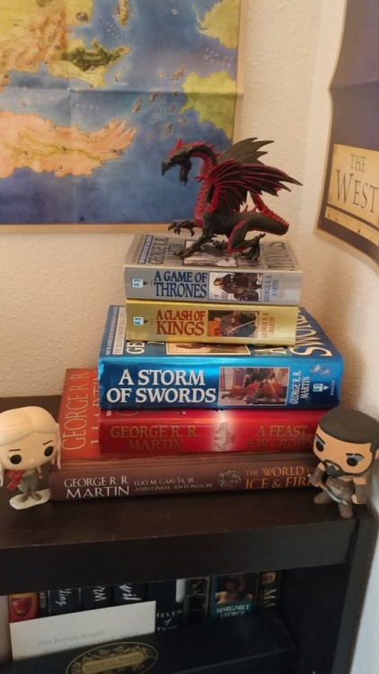 Updated pictures of my nerd room. I hung up my Minecraft sword next to my maps of Planetos. The lady at the ticketbooth gave me the GotG Vol.2 poster for free so I hung that up too. Then there’s my first editions of ASOIAF with the dragon I handpainted