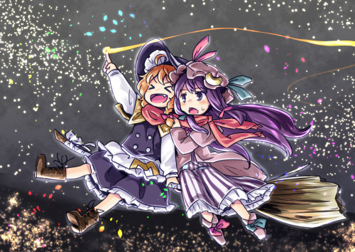 touhoupics: Marisa and Patchouli in the night sky. By mayuge inu.