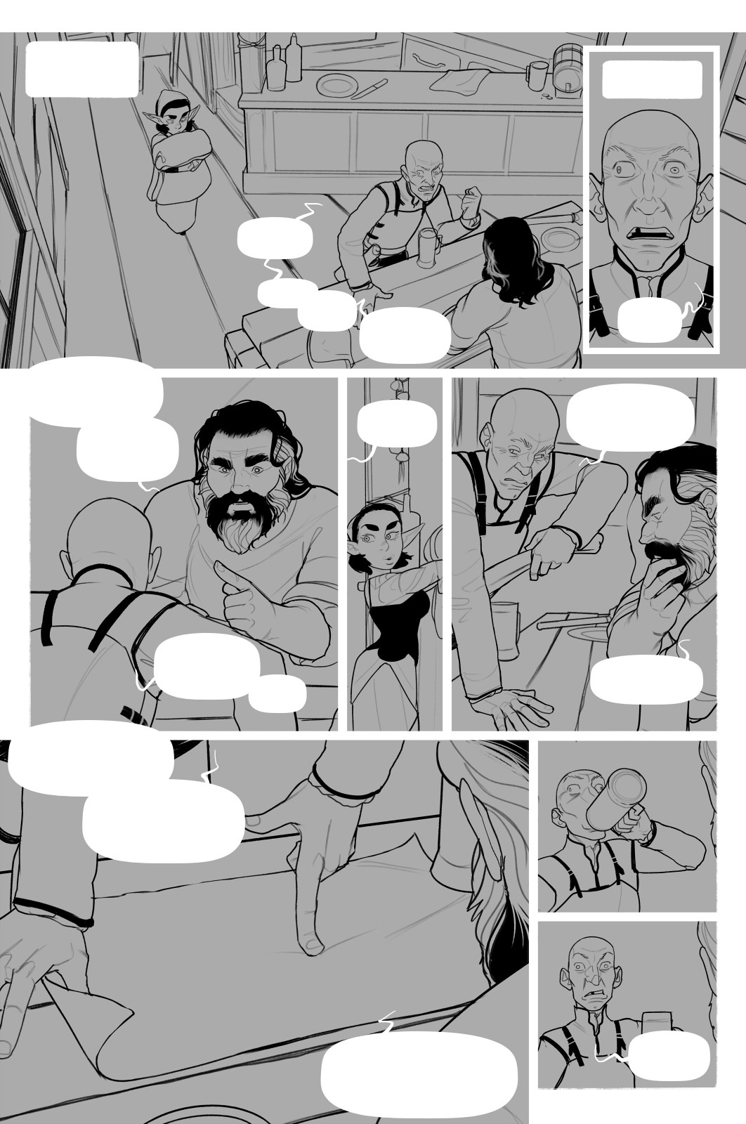 Sketches/inks for pages 19-22. No porn in sight, but there are some milf tavern owner