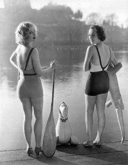  Bathing beauties Adrienne Dore and Mae Madison look ready to take the plunge in their backless bathing suits. Los Angeles, California ,1935 