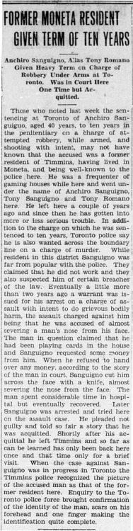 “Former Moneta Resident Given Term of Ten Years,” The Porcupine Advance (Timmins). December 23, 1930