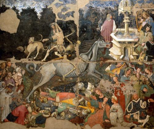 toutpetitlaplanete:Unknown - The Triumph of Death, 1446 around 1440, detached fresco, 600 x 642 cm. Originally painted in the court of Palazzo Scalafani, now in Palazzo Abatelli, Palermo, Sicily.