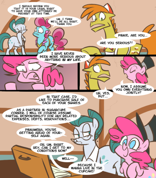 sliceofponylife:  …and so concludes the thrilling tale of How Pinkie Became a Small-Business Investor! Good thing she was there to help fix the inconsistent and Escheresque interior of Sugarcube Corner, it really needed it. Also special thanks to my