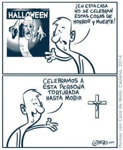 lapalomafolladora:  Halloween? Como celebrar algo tan feo….  Mejor simbolicamente comer el cuerpo y beber la sangre de un hombre muerto.