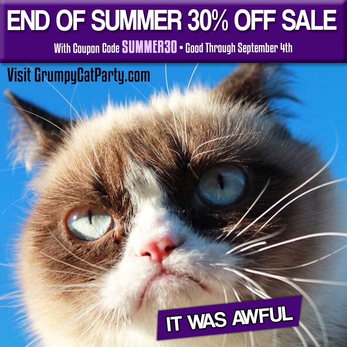 Having an end of Summer party? Make sure it's the Worst Party Ever at GrumpyCatParty.com