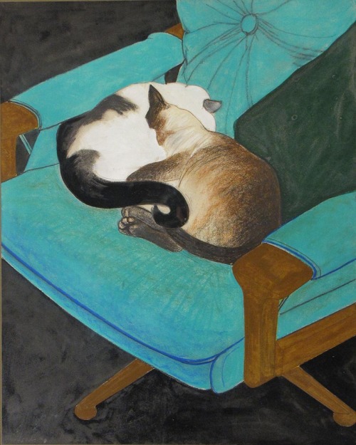 poboh:Two Cats, 1970, Tony Woods (1940 - 2017)- Pastel, Paint, Ink and Pencil on Paper -