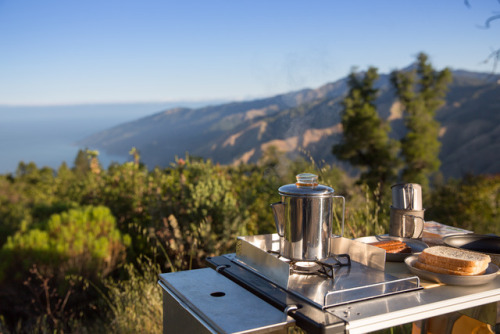 Big Sur at sunset with a nice assortment of vegan camp food. Beyond Burgers with Upton’s Bacon