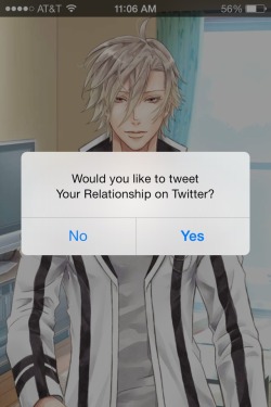 arukouarukou:  Why would I want to tweet my relationship? Who is so proud of their relationship progress with a fake person that they want to share it with everyone else? Just let me shamefully play this dating sim by myself!