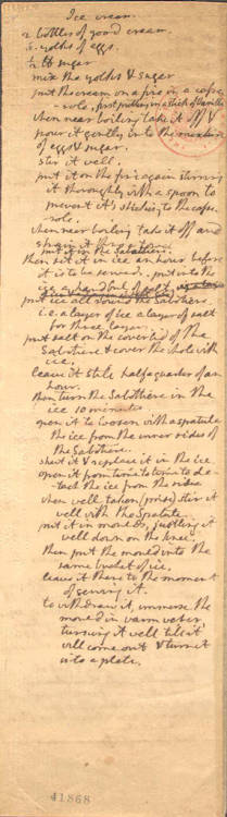 chasing-yesterdays:Thomas Jefferson’s recipe for vanilla ice cream, written in his own hand, c