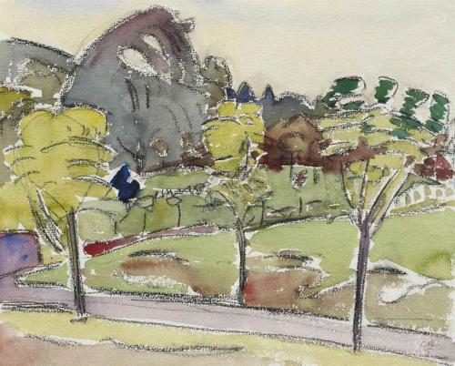 a-la-belle-e-toile:Cuno Amiet (1868-1961) - Obstbäume in Landschaft, 1915, charcoal over waterc