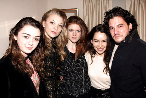 highwaytothe7hells:Maisie Williams, Natalie Dormer, Rose Leslie and Kit Harington with Emilia Clarke