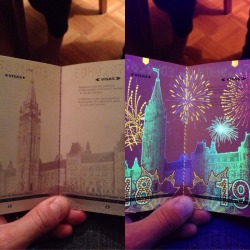 banginglikeahurricane:  y0ungkilla:  stunningpicture:  The new Canadian passport under black light will blow your mind.  is canada even real  no 